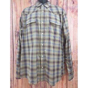 Poncho Mens Western Plaid Pearl Snap Shirt XL Slim Fit Brown/Blue Long Sleeve